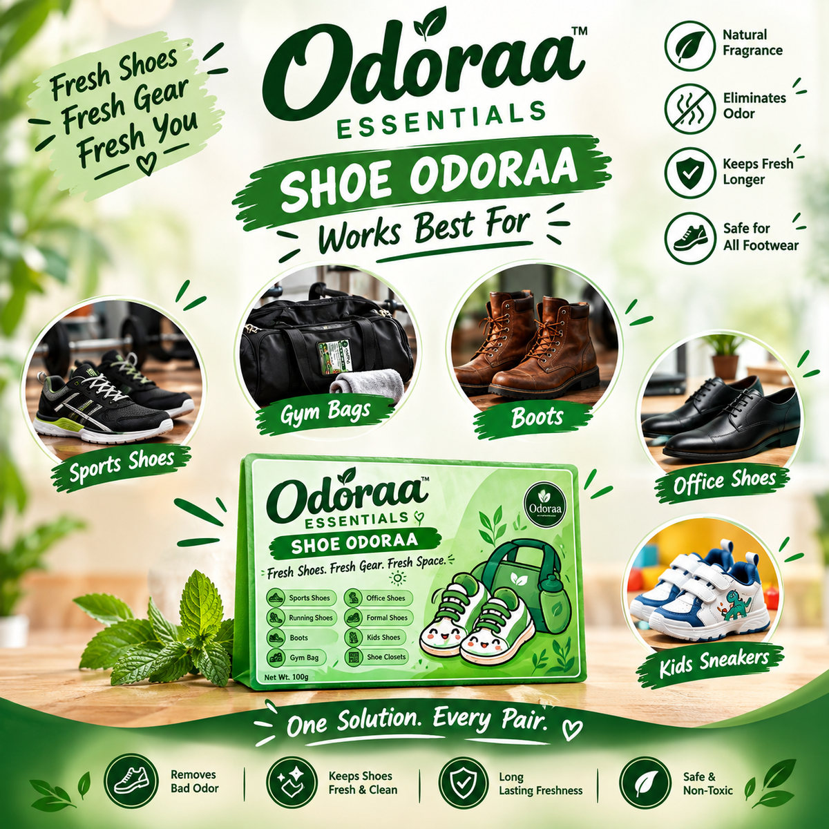 Odoraa -Shoe Odor Eliminator & Deodorizer| Non-Toxic, Natural Eco-Friendly Odor Absorber, Moisture & Sweat Control, Solar Rechargeable |3.5oz  5 Pairs