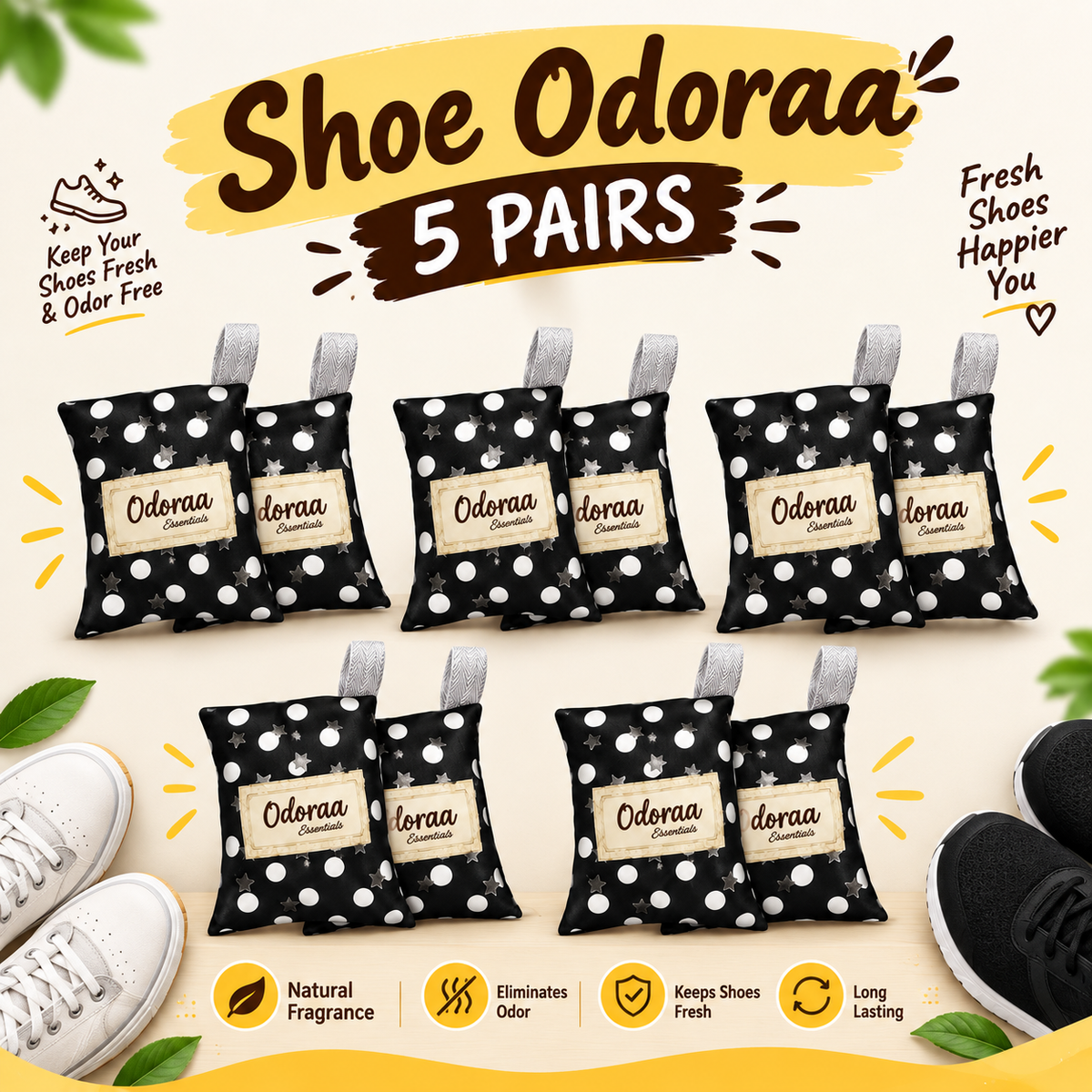 Odoraa -Shoe Odor Eliminator & Deodorizer| Non-Toxic, Natural Eco-Friendly Odor Absorber, Moisture & Sweat Control, Solar Rechargeable |3.5oz  5 Pairs