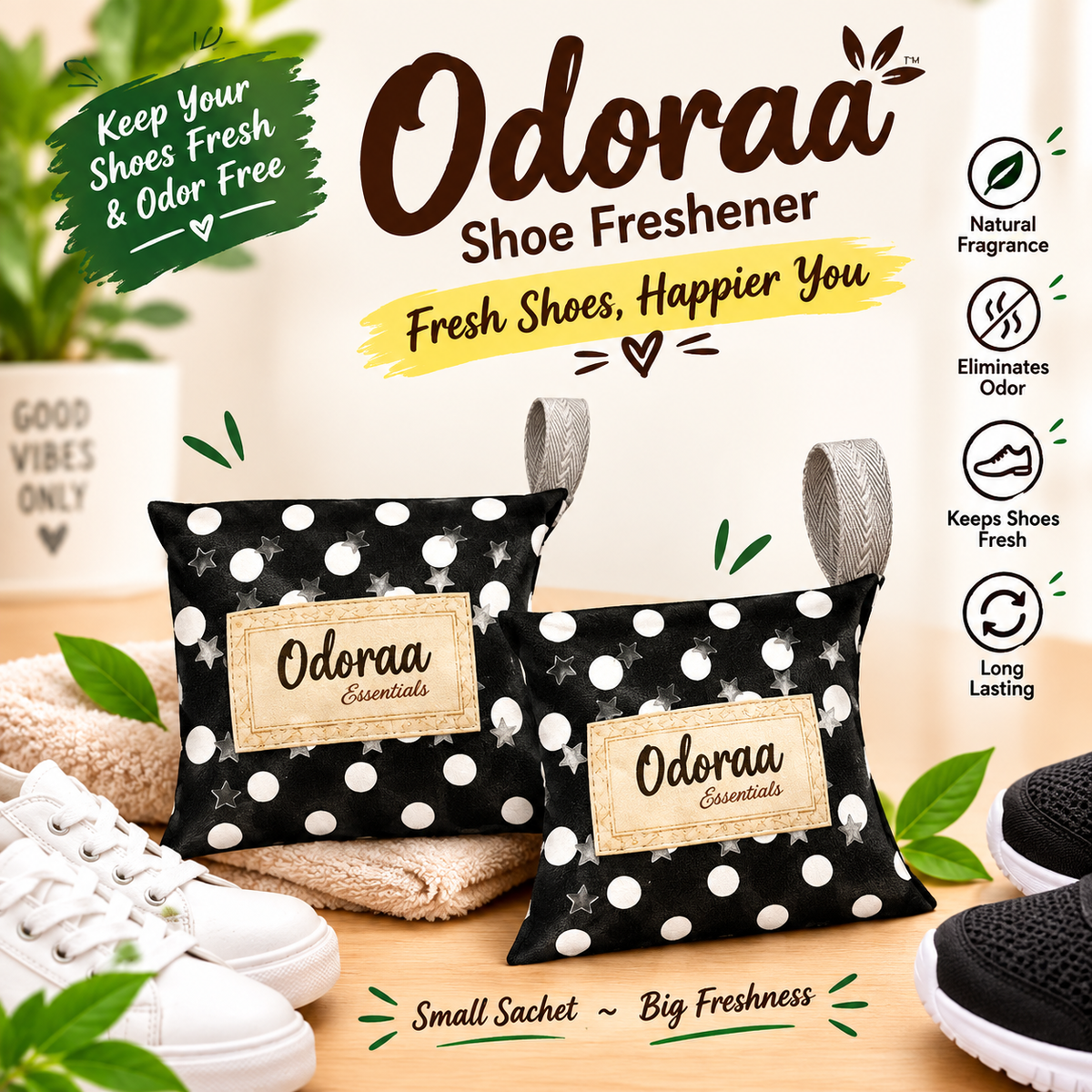 Odoraa -Shoe Odor Eliminator & Deodorizer| Non-Toxic, Natural Eco-Friendly Odor Absorber, Moisture & Sweat Control, Solar Rechargeable |3.5oz  5 Pairs
