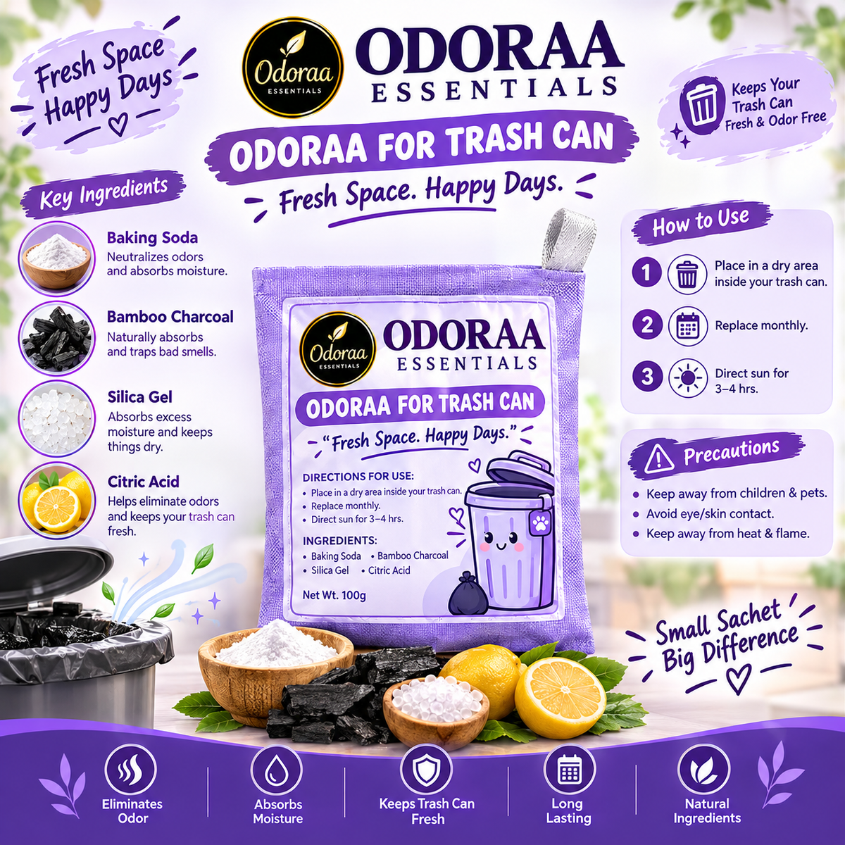 Odoraa Case Pack of 2 - Black Trash Can + Kitchen Trash Can Odor Remover