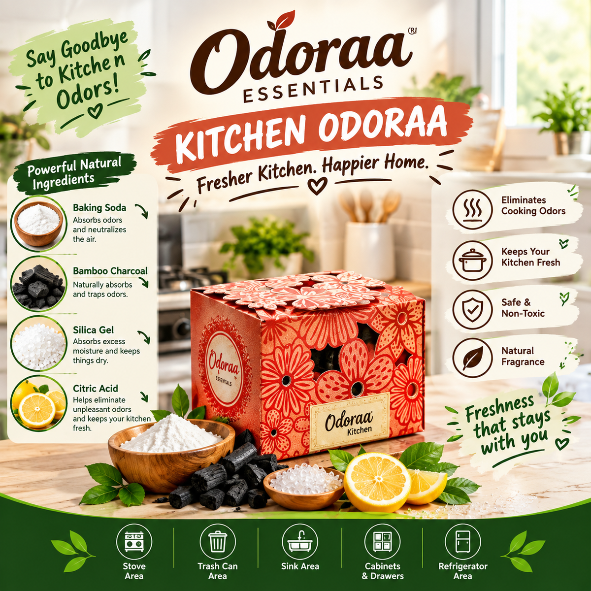 Kitchen Odoraa -(Pack of 2) 100g Kitchen Odor Absorber | Naturally freshens Kitchen, Living Room + 100g Kitchen trash can odor remover